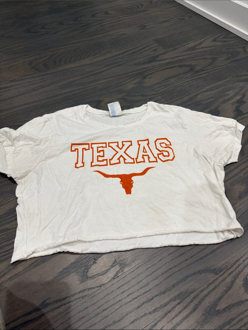 White Crop Top with Orange TEXAS Logo - University of Texas Longhorn